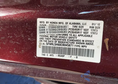 2012 Honda Odyssey Ex-L z USA, uszkodzony, nr VIN 5FNRL5H60CB045871